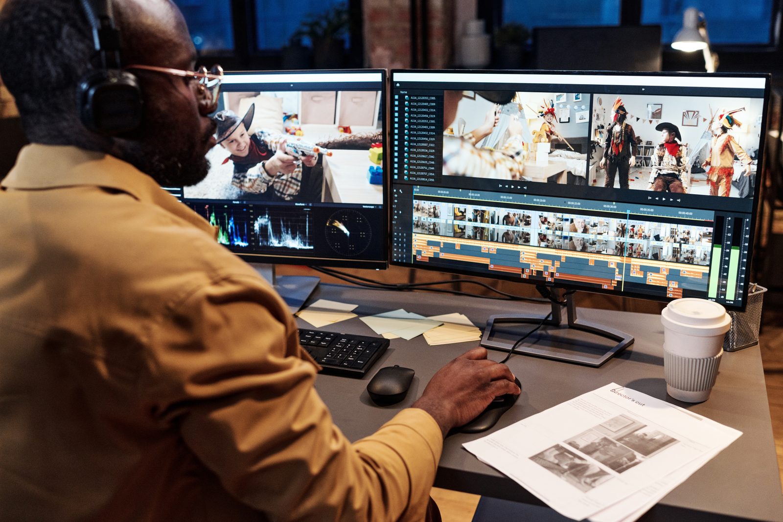 Operator monitoring a multiview wall of live video feeds at a broadcast workstation