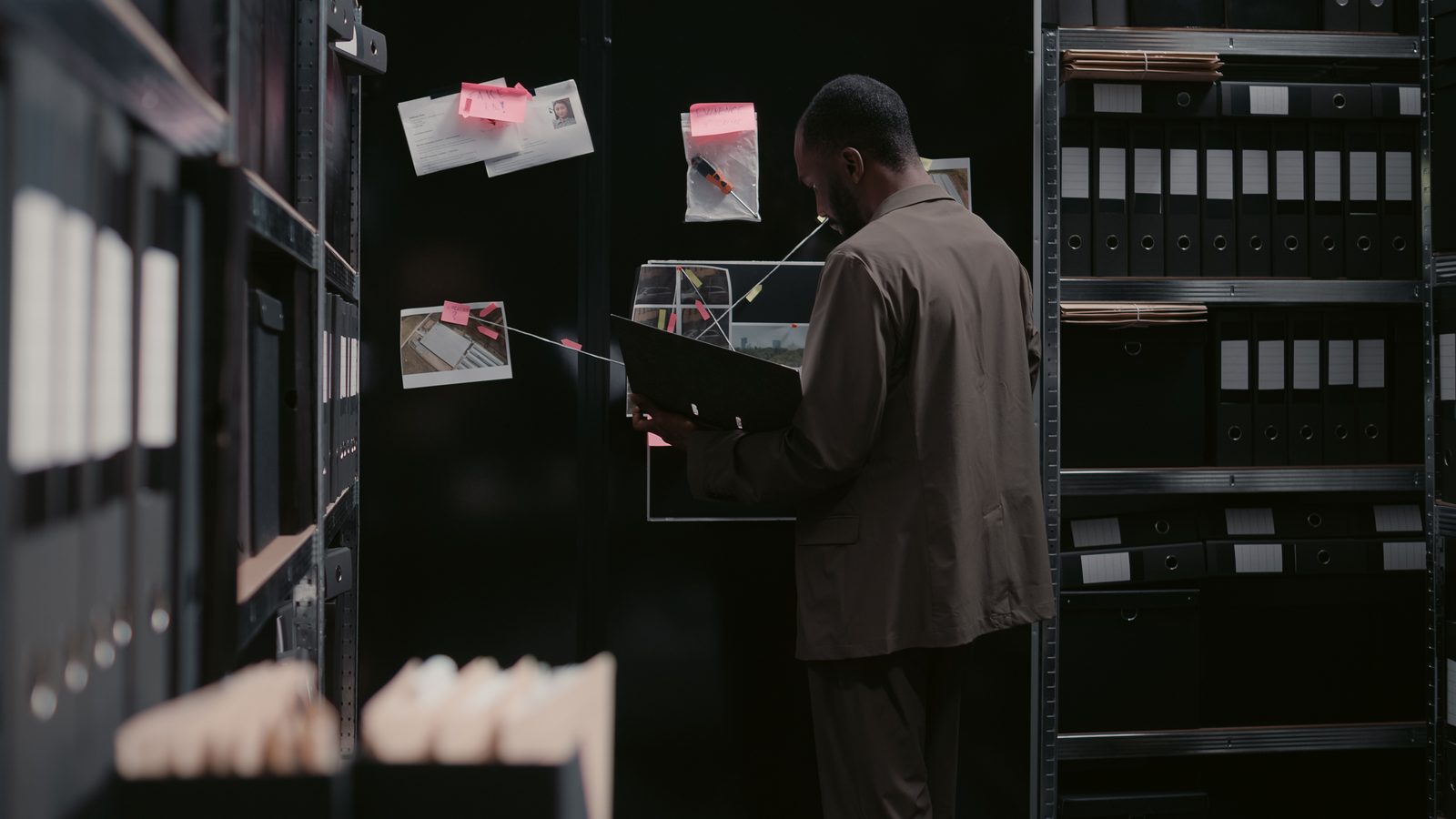 Archivist retrieving tape boxes from shelves in a dark media archive
