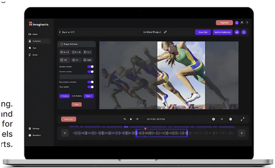 Clip Studio’s Magic Reframe panel — pick 16×9, 9×16 or 1×1, toggle speaker tracking, eye-contact correction and shot splitting, then fine-tune on the shot-detected timeline below.